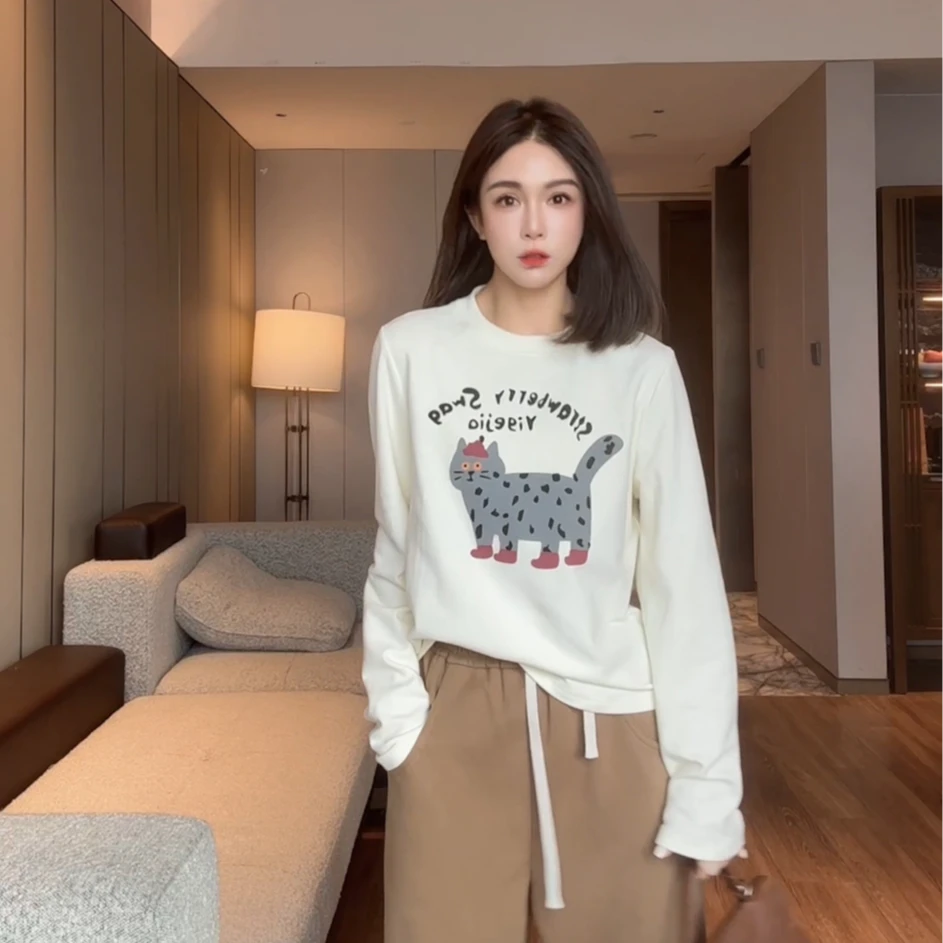 LYXZ x 大小与【斑点猫】冬季红人上新时尚圆领字母猫长袖T恤74802
