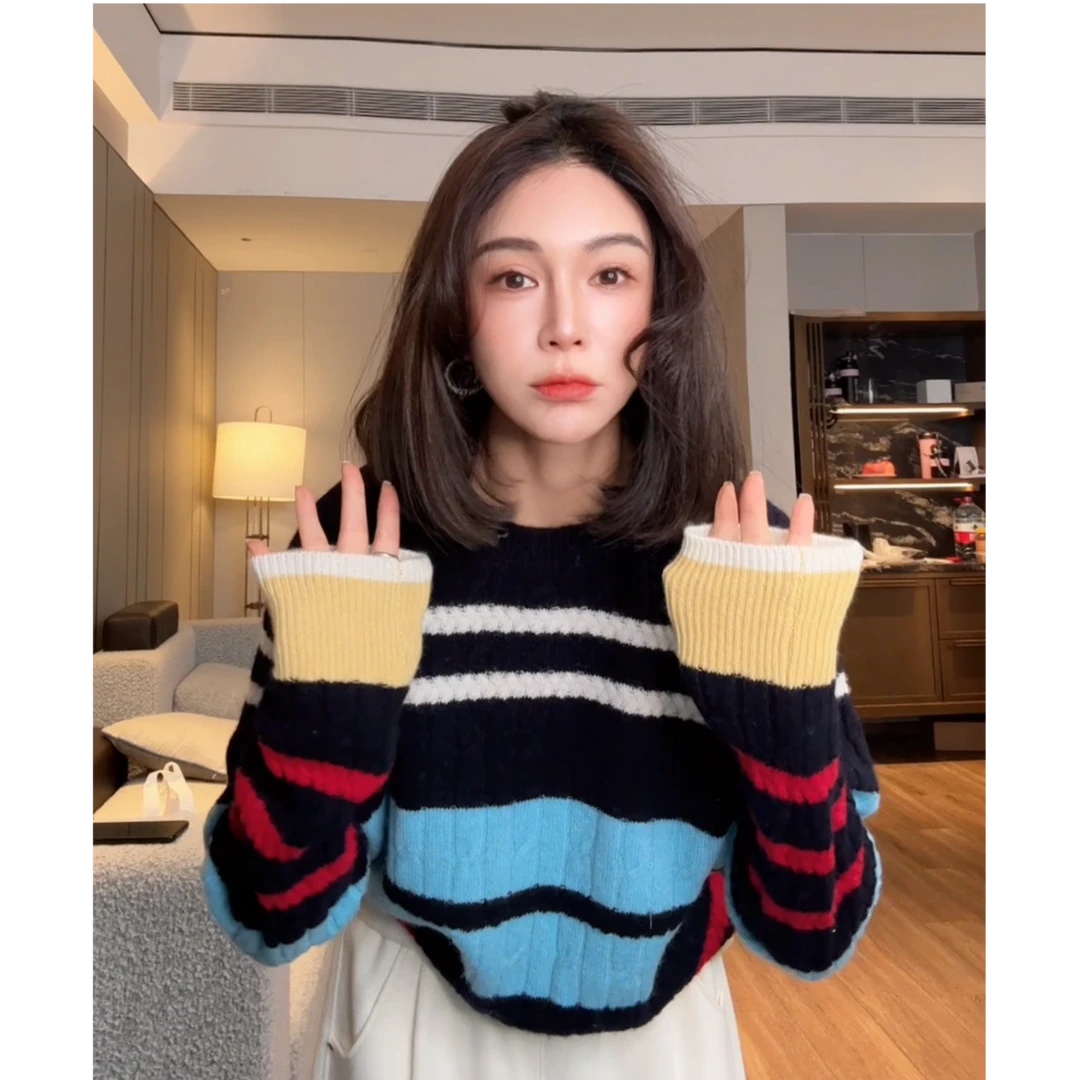 LYXZ x 大小与冬季穿搭圆领拼麻花撞色针织毛衣75778