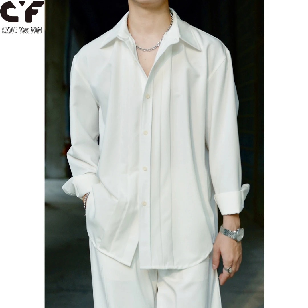 新款秋季2024轻奢高级感衬衫男痞帅休闲纯色褶皱显瘦衬衫男款长袖