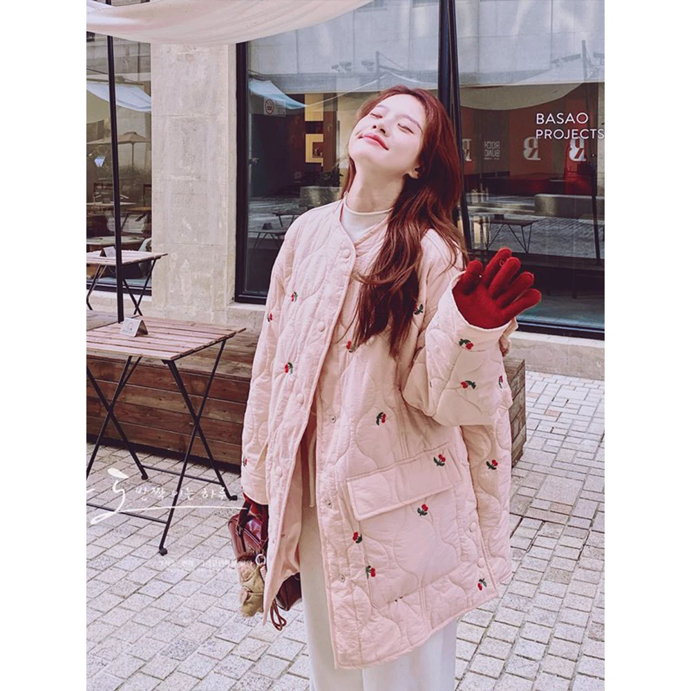 粉色樱桃刺绣网红棉衣女2025加厚百搭冬季小个子温柔风棉服外套潮
