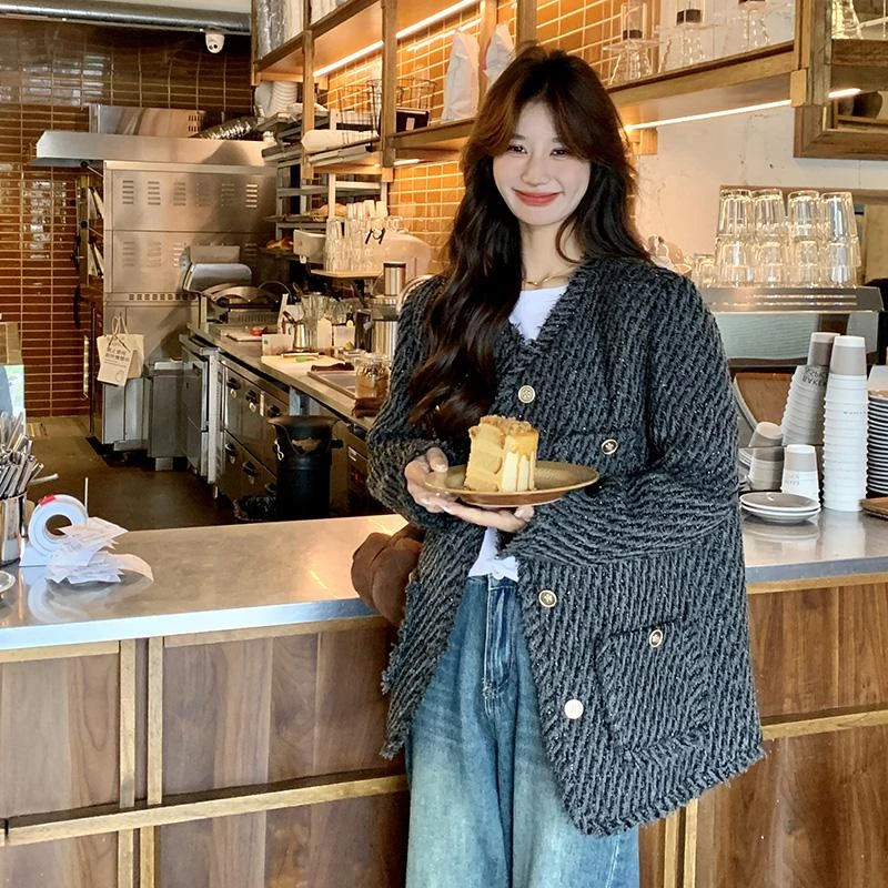 新款长款春秋小个子时尚复古法式感短款西装羽绒服女粗花呢白鸭绒