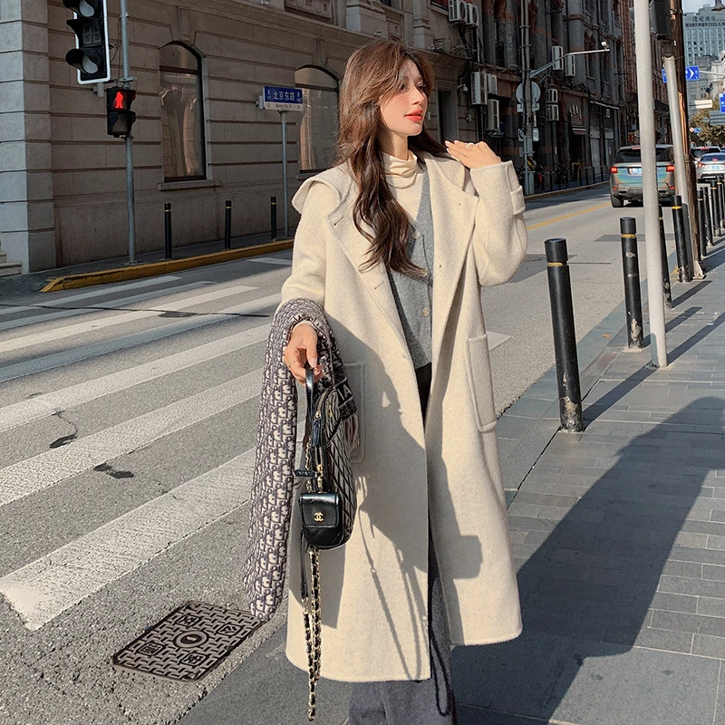 秋冬米色感连帽双面呢大衣女2024冬季新款韩系显瘦毛呢气质春秋