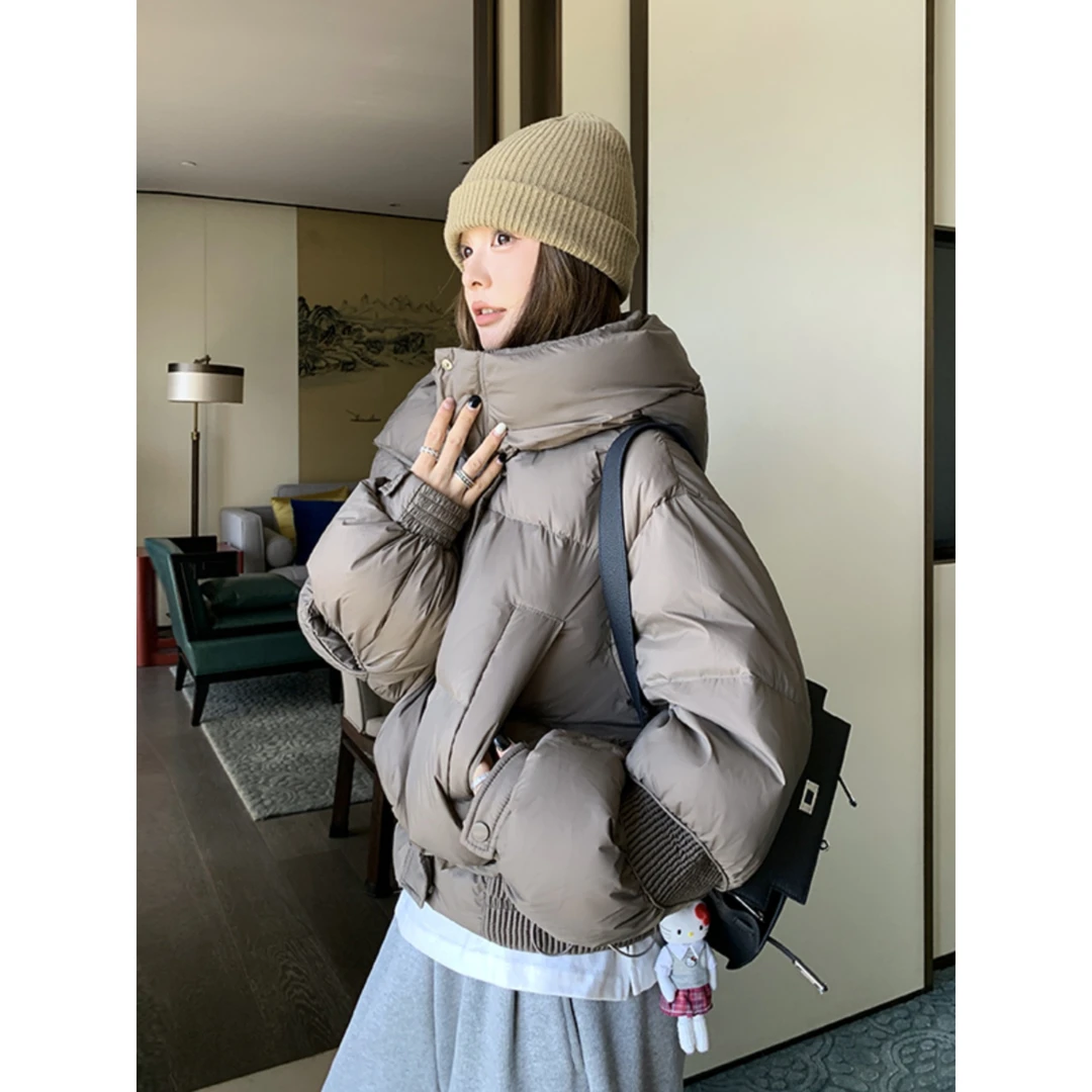 灰色立领羽绒服女2024冬季短外套加厚韩系小个子时尚白鸭绒面包服