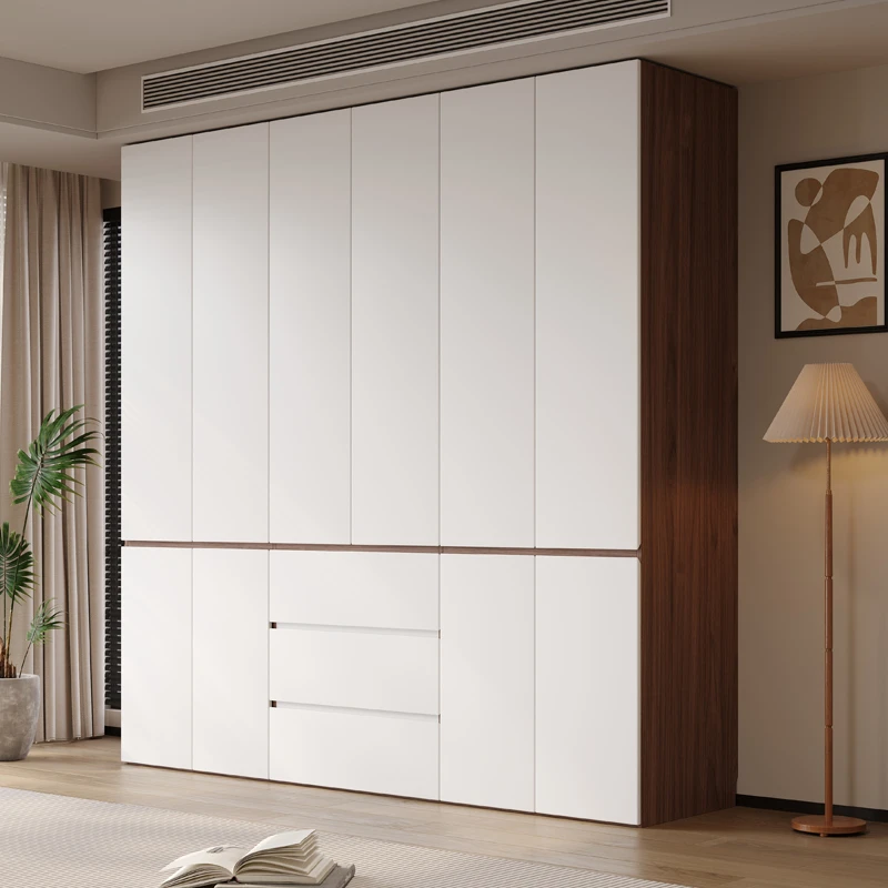 分段式免拉手衣柜现代简约家用卧室一门到顶胡桃色奶油白储物衣橱