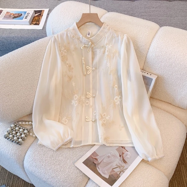 【230】中国风刺绣拼接衬衫春季新中式复古盘扣立领气质马面裙上衣