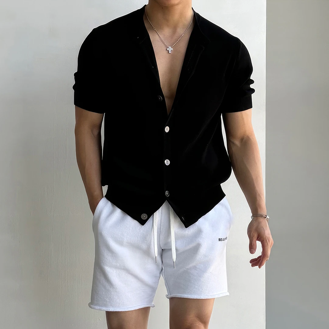 黑色针织开衫短袖男士夏季复古轻熟风休闲简约百搭高级感男款T恤