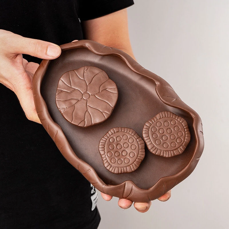 功夫茶盘紫砂茶海壶承梅花荷叶茶具家用茶盘托储水式小号干泡台盘