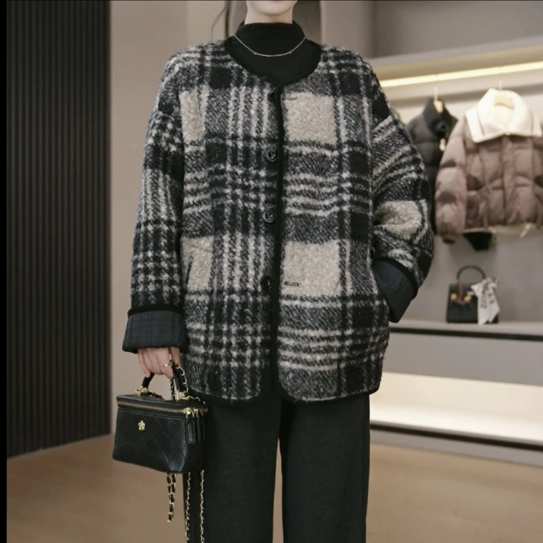 X7两面穿 经典格纹小香风拼色加厚外套圈圈毛呢大衣2024秋冬8048