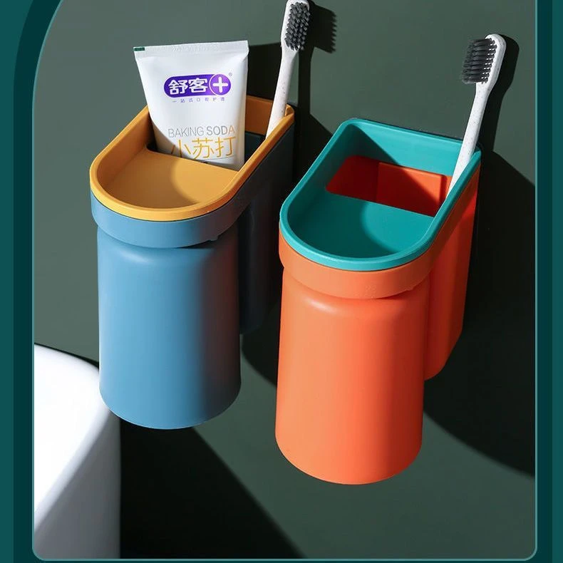 简约吸壁挂式牙刷杯架漱口杯套装免打孔牙刷架子置物架卫生间情侣