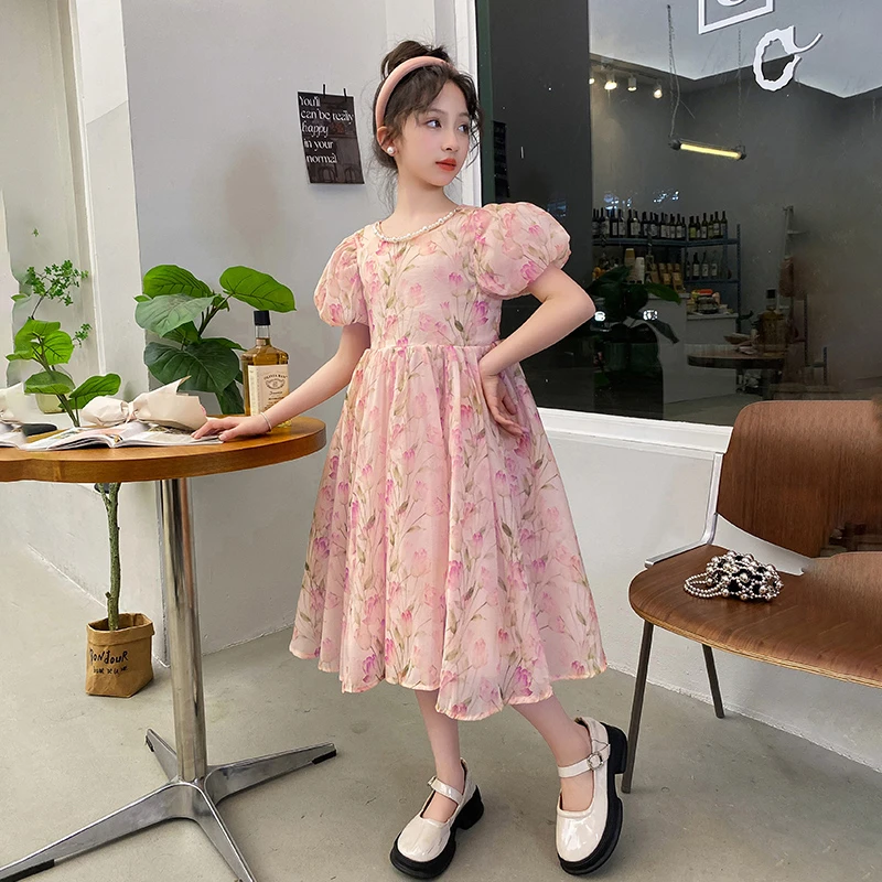 女童夏装连衣裙2024夏季新款洋气女孩大童公主裙时髦儿童碎花裙子