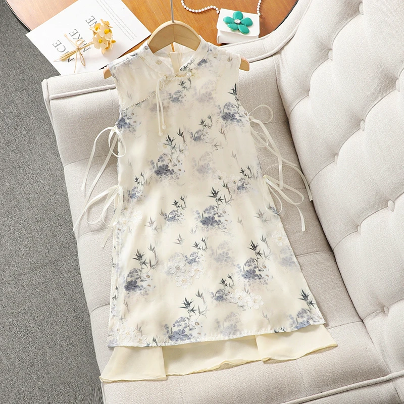 女童改良旗袍裙夏季2024新款儿童新中式水墨画裙子女孩汉服连衣裙