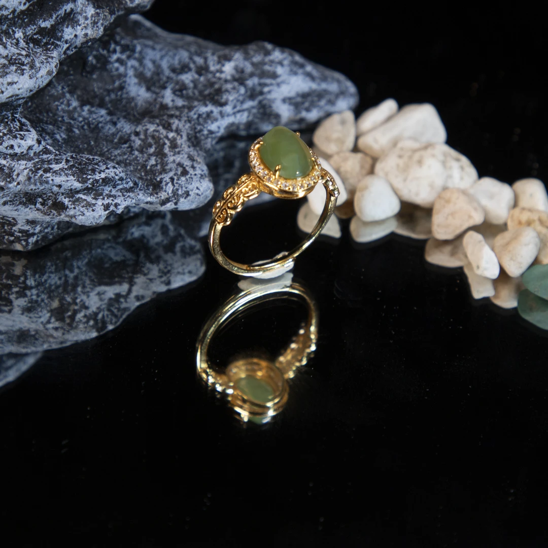 【贵气典雅】S925银豪镶和田玉猫眼碧玉戒指*开口戒HTJZ001