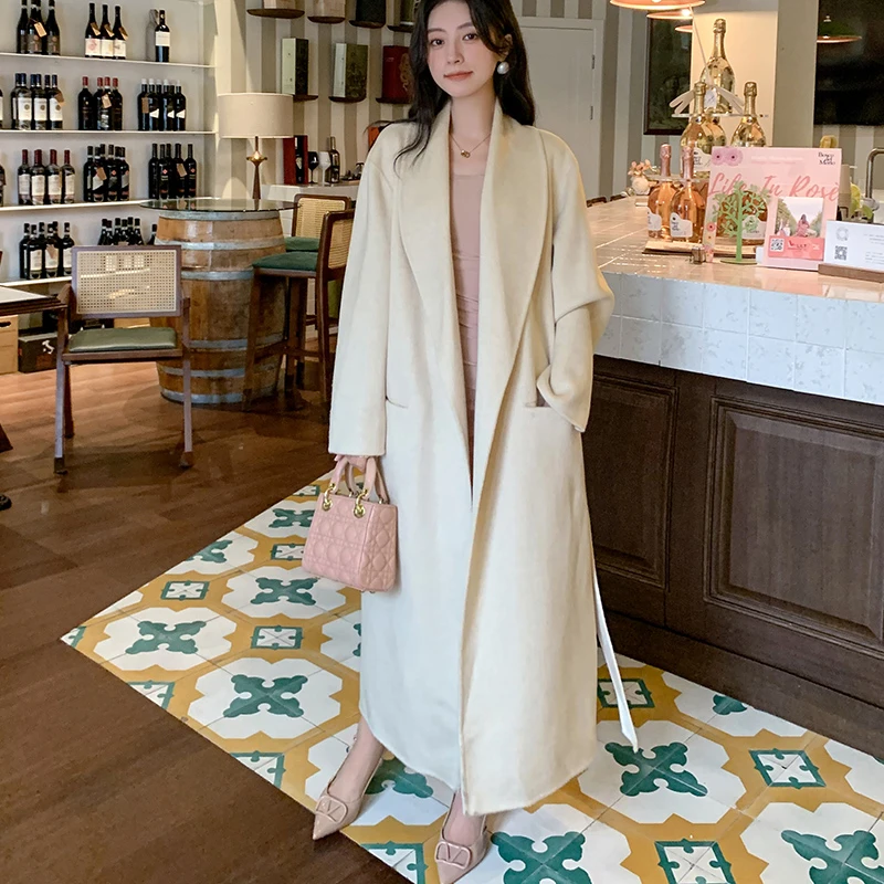 娅汀  超长款青果领小骆驼绒双面呢大衣网红气质风柔软保暖