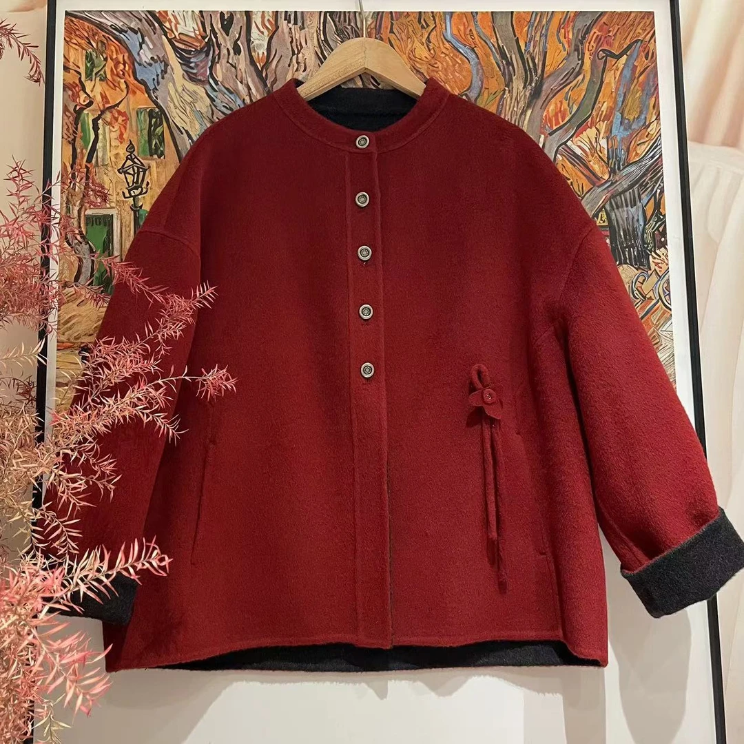 VV&AA  秋冬极简高级慵懒宽松圆领复古文艺双呢外套  DY3343