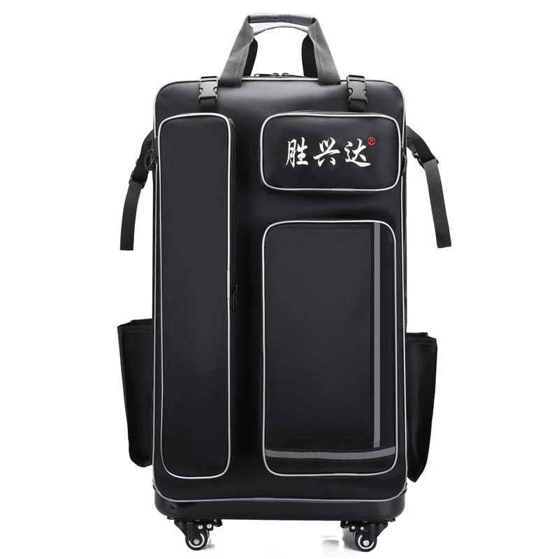硬壳带轮三层轻骑式钓椅包钢丝定型加厚防水渔具包手提双肩背包