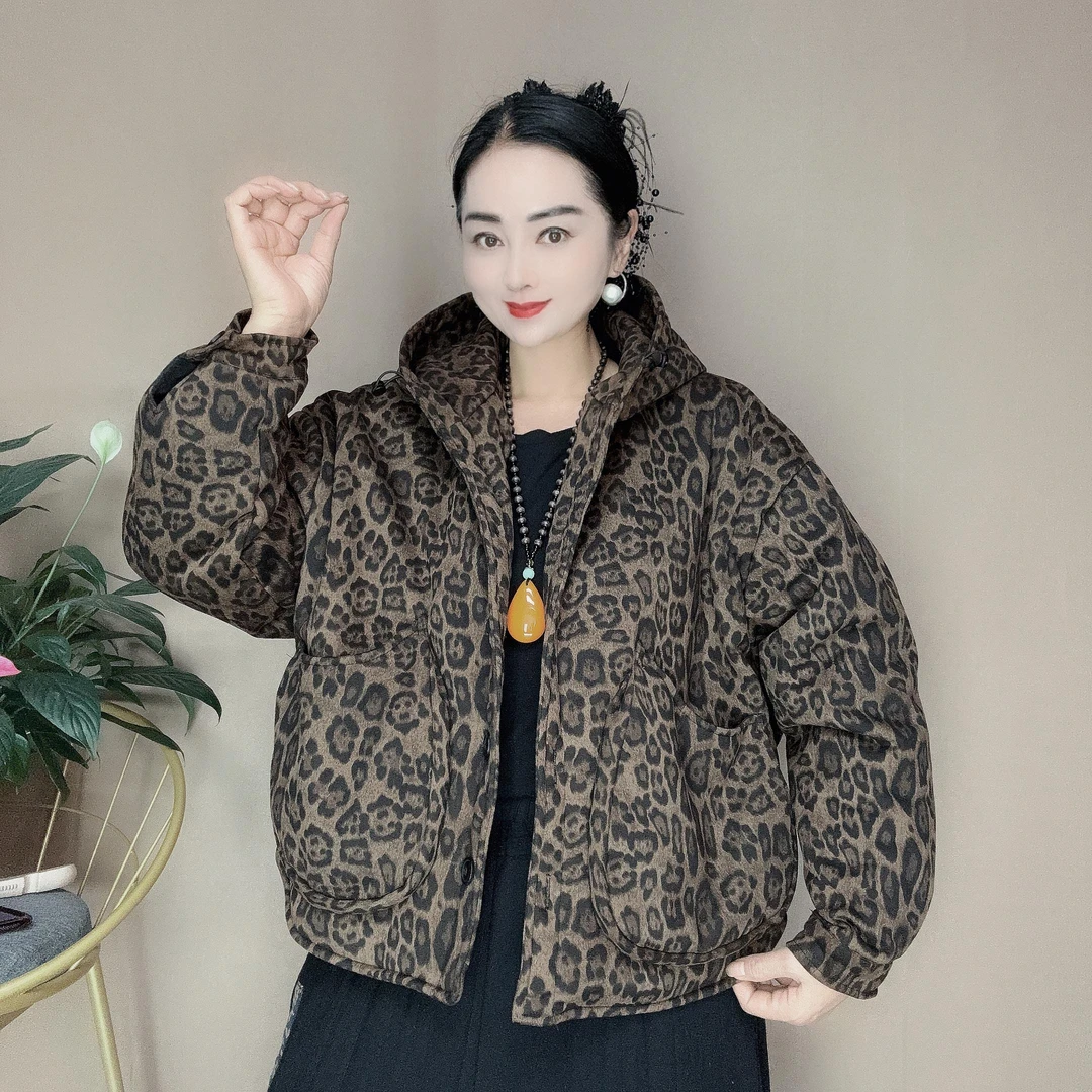 复古休闲原创大码豹纹棉衣女2024秋冬大板宽松大口袋连帽棉服外套