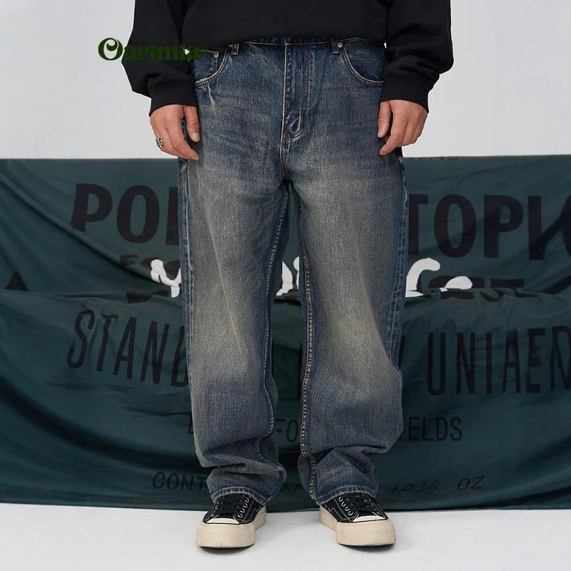 Oarimia24AW日系宽松14OZ复古做旧赤耳丹宁男式男生牛仔裤长裤