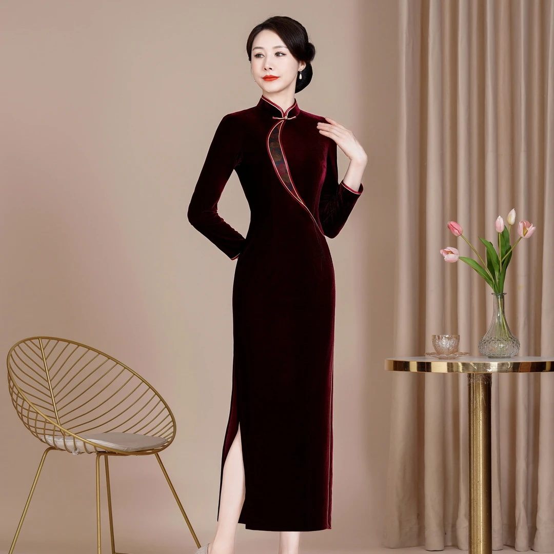 高档新款修身改良丝绒旗袍大码喜加厚复古婚宴礼服长款喜婆婆旗袍