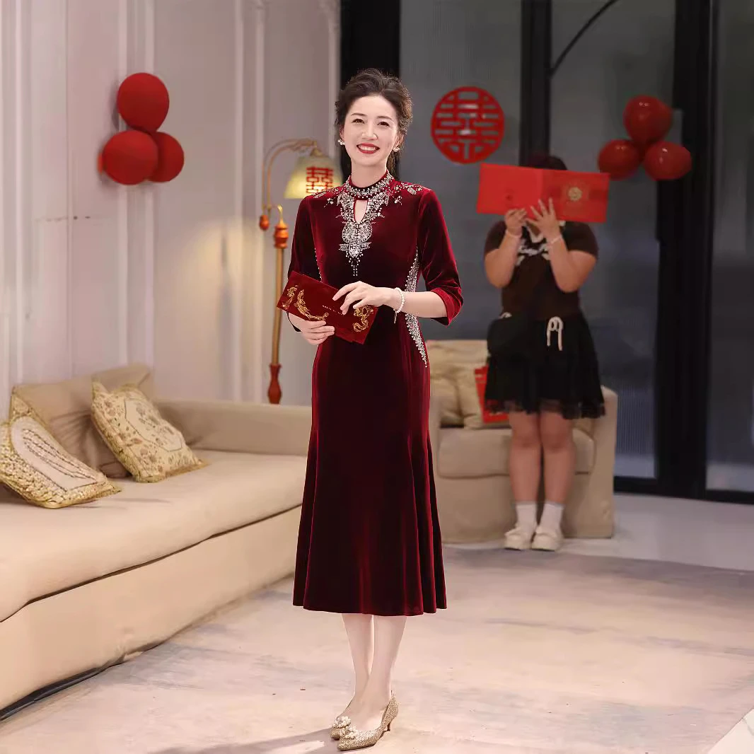 新款改良旗袍复古新国风春秋修身民国风国潮大码连衣裙气质晚礼服