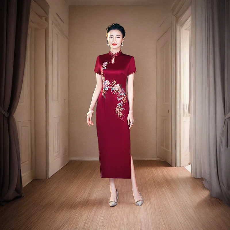 深圳婆婆中国风中长款高档礼服夏季醋酸刺绣妈妈大码气质中式裙子