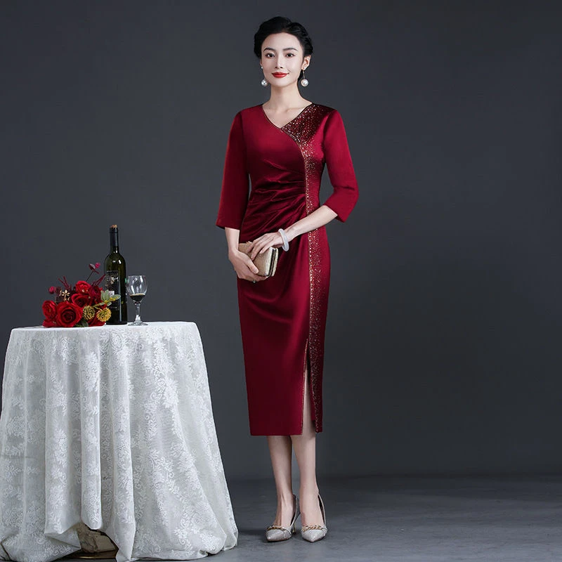 中国风旗袍婆婆婚礼服V领洋气时尚妈妈婚宴中式气质高贵深圳裙子