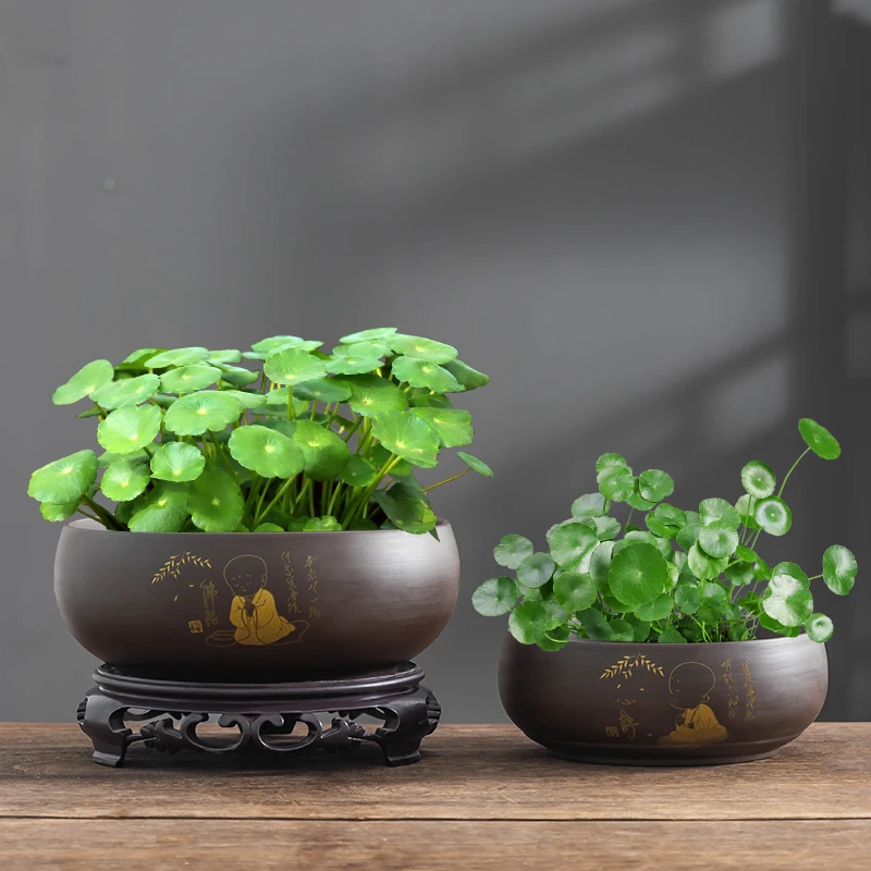 复古紫砂铜钱草专用水培花盆陶瓷大号口径家用客厅阳台无孔带托盘