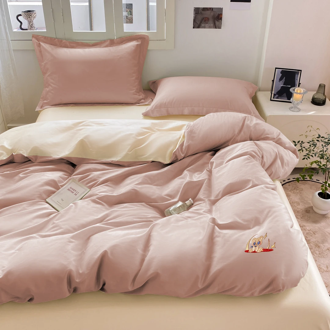 维科家纺 全棉四件套纯棉简约床品撞色被套三件套四件套美拉熊A类