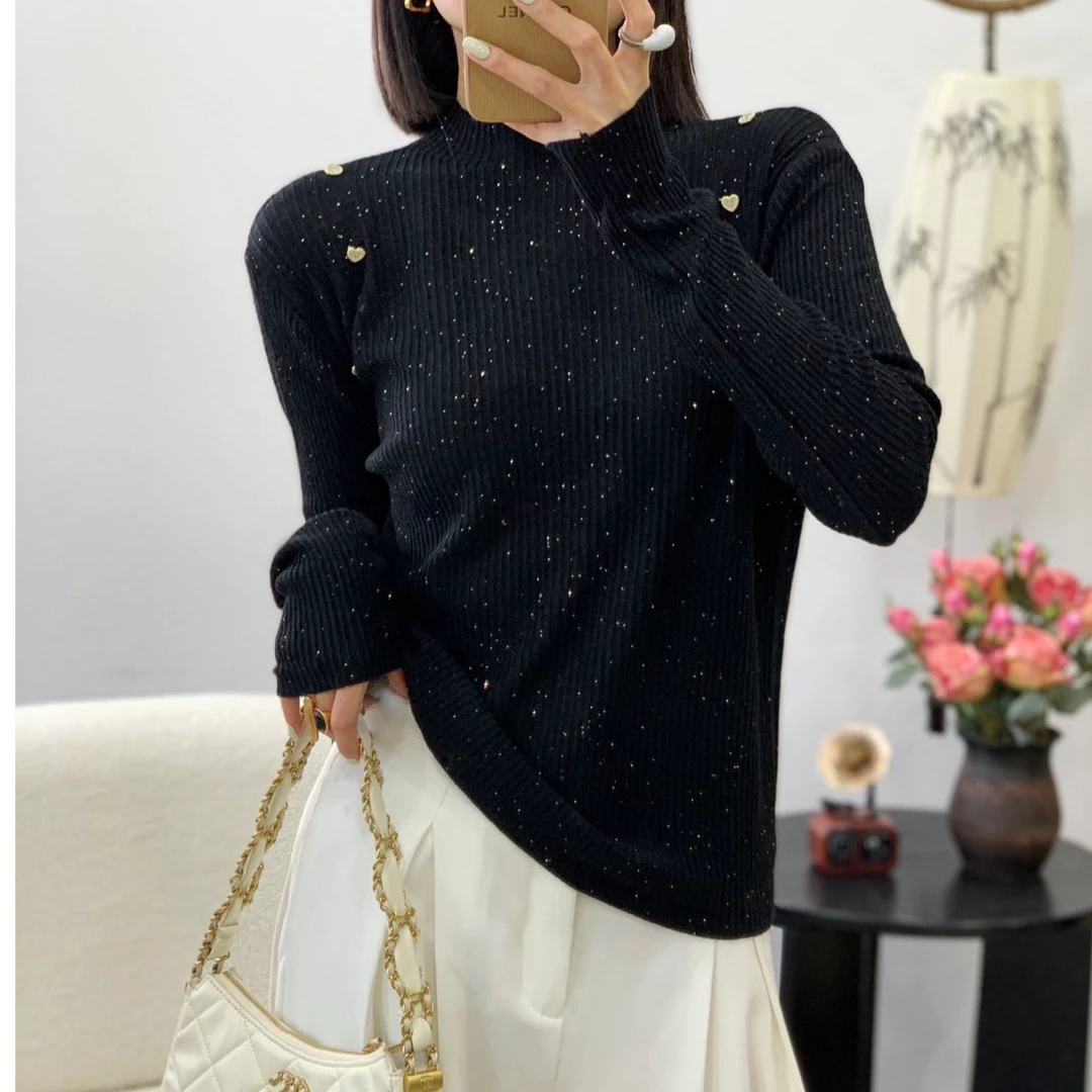 HY4556圆领新款打底衫女百搭针织衫亮钻半高领纯色时尚设计感上衣