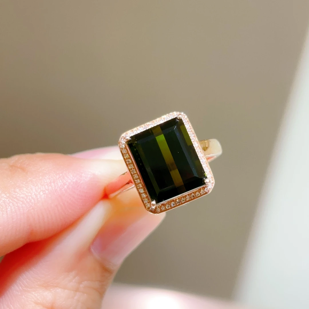 裸石5.52ct 18k玫瑰金镶嵌碧玺戒指 墨绿深色