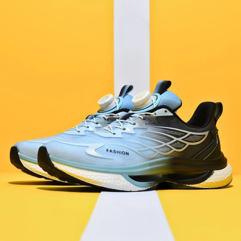 大码45男鞋旋转纽扣鞋男款名牌减震跑步鞋透气舒适轻便网面运动鞋