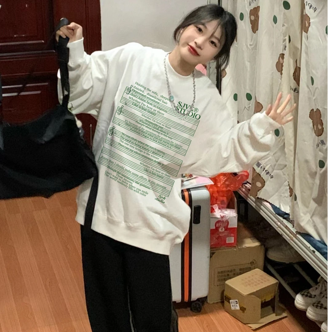 DIYUN/帝韵港味chic高街乐谱印花卫衣女春秋设计感宽松情侣上衣