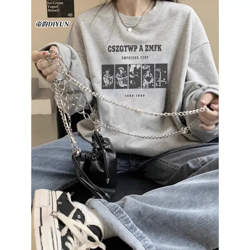 DIYUN/帝韵圆领卫衣女慵懒风oversize高级感长袖上衣外套2024新款