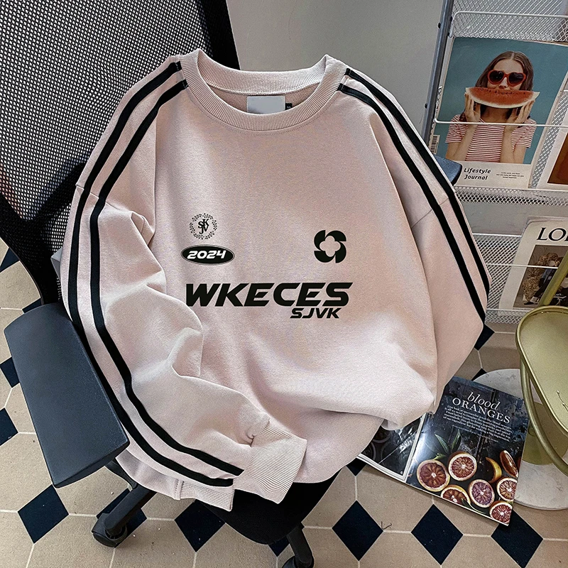 国潮牌情侣美式复古三条杠插件长袖宽松圆领卫衣男女春秋潮流上衣