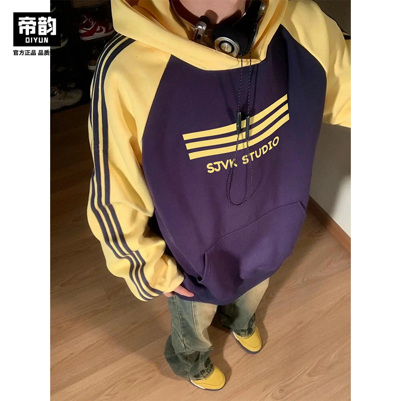 国潮牌撞色插肩袖连帽卫衣男女情侣装宽松春秋季百搭ins帽衫外套