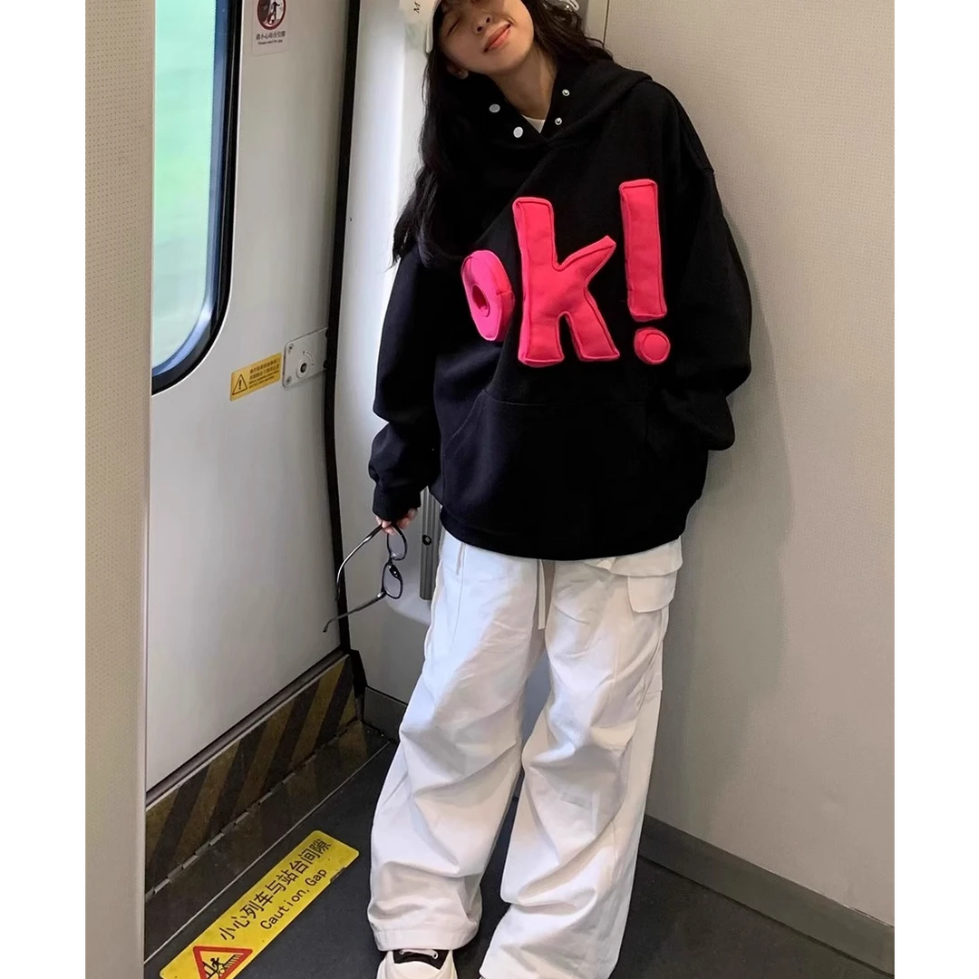 DIYUN/帝韵立体发泡连帽情侣卫衣女秋冬美式宽松加绒加厚慵懒上衣