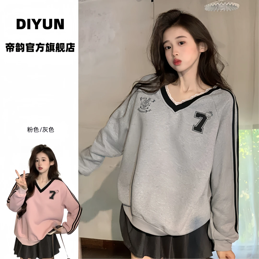 DIYUN/帝韵美式字母印花V领长袖卫衣女早秋蕾丝拼接宽松休闲上衣