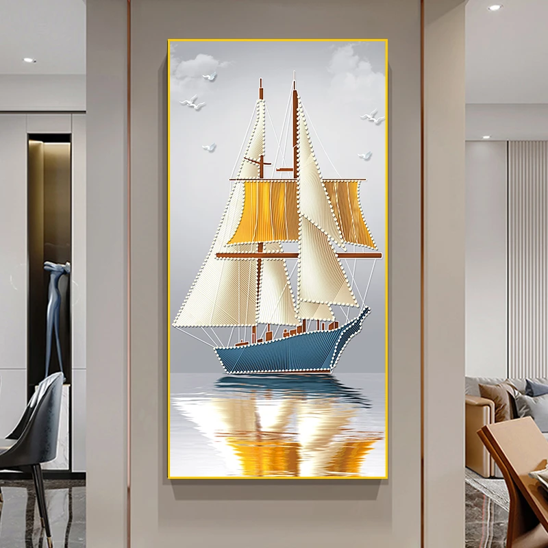 【一帆风顺】玄关画 晶瓷镶钻入户装饰画背景墙挂画时尚铝合金