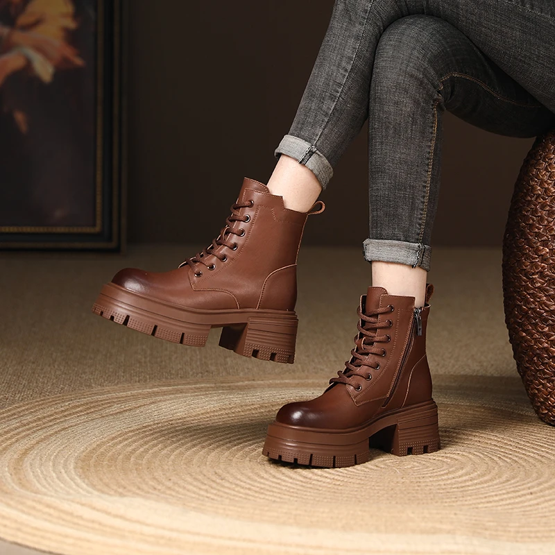 【翔子手工】冬季新款复古厚底粗跟马丁靴百搭时尚圆头英伦风靴子女