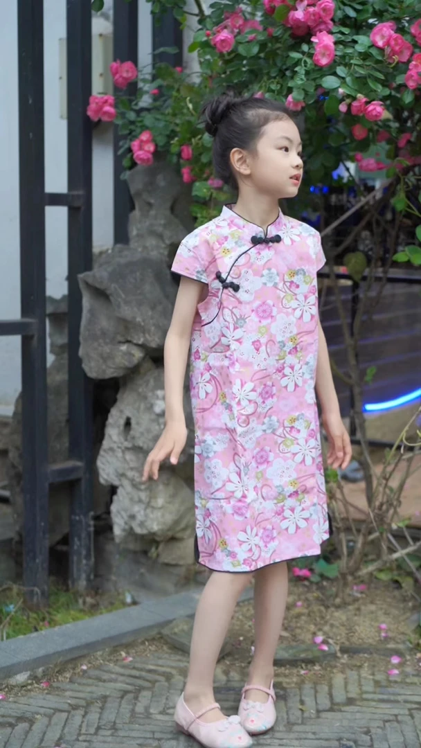 儿童旗袍女童夏季女童碎花复古国风红色中式小童大花花色小童大花