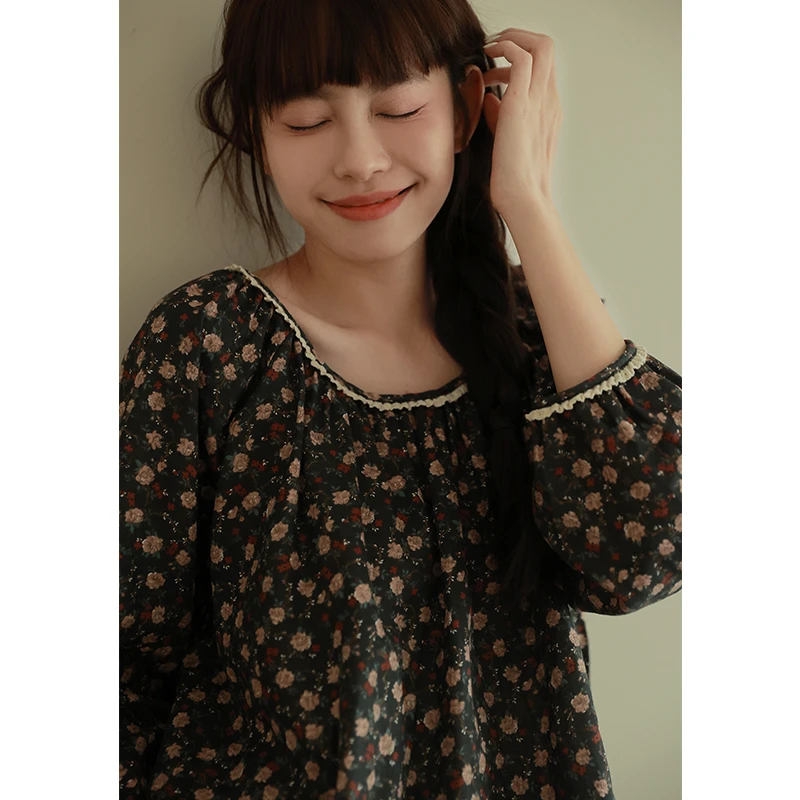 深色小蔷薇花柄纱布纯棉圆领甜美碎花公主袖长袖家居服套装睡衣