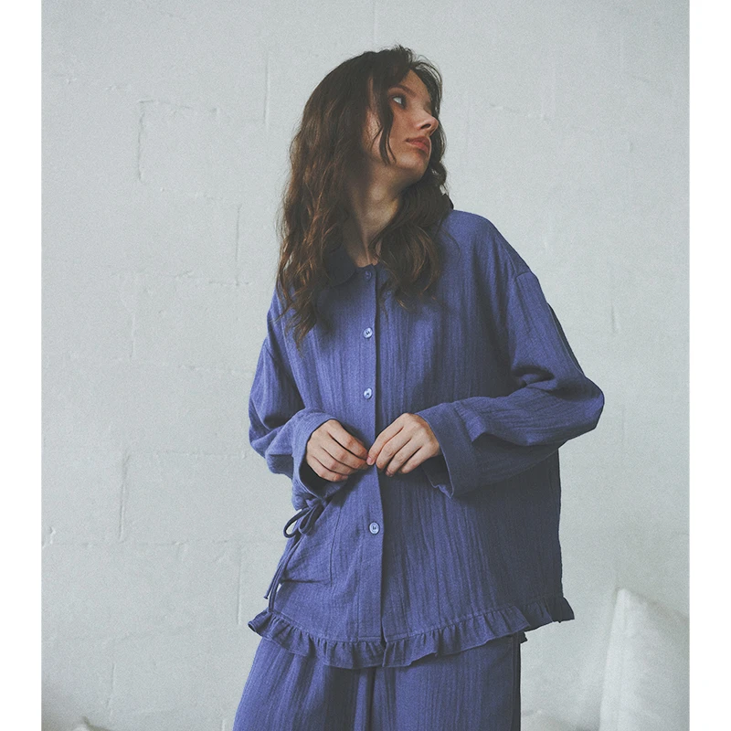 鲸落蓝ju显白木耳边娃娃领色织双层皱皱纱纯色长袖睡衣家居服套装