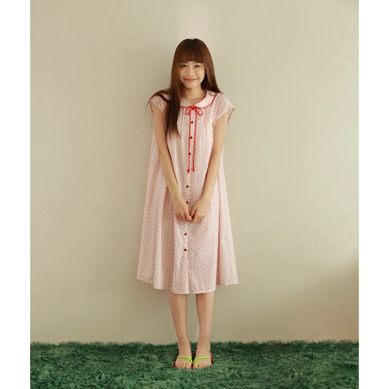 粉雾波点丨显白少女无袖娃娃领蝴蝶结纯棉夏季连衣裙睡裙可外穿新