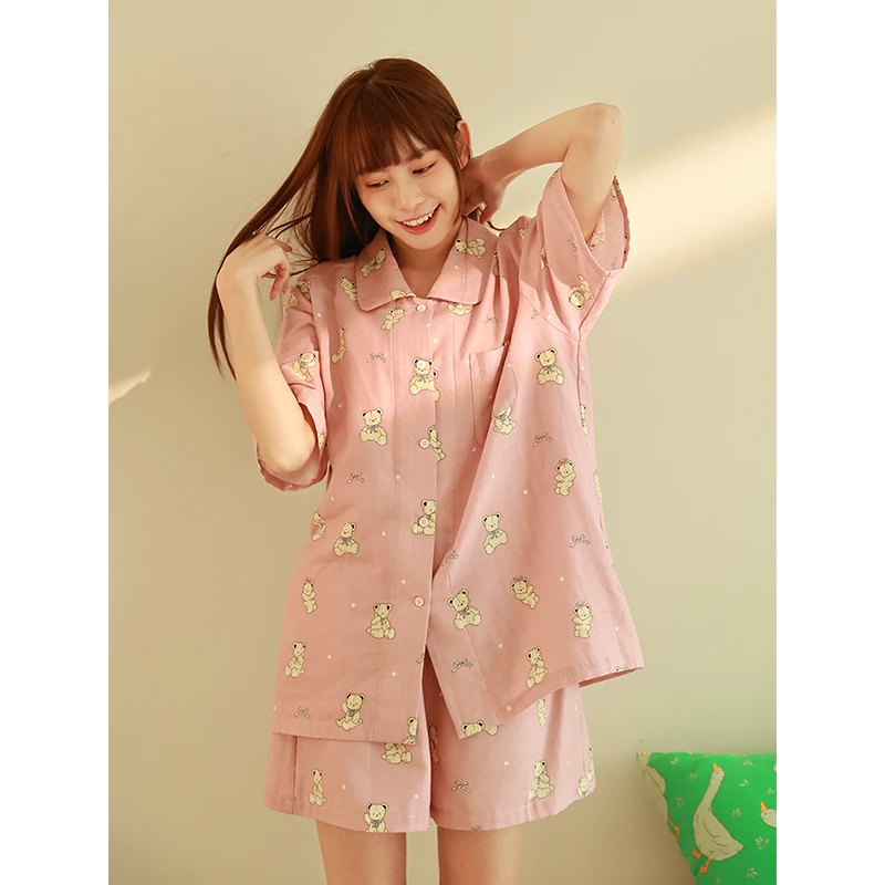 天使小熊新版Oversize纯棉纱布柔卡通短袖长短裤春夏睡衣家居服