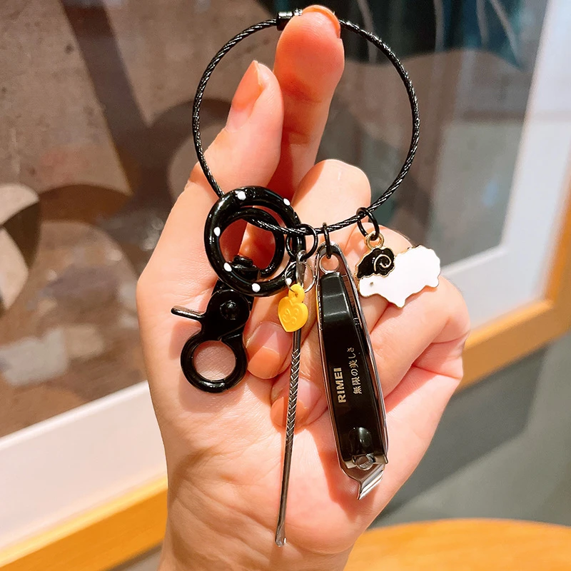 可爱指甲刀带耳勺钥匙扣套装笑脸钥匙链女生不锈钢挂件新款书包扣