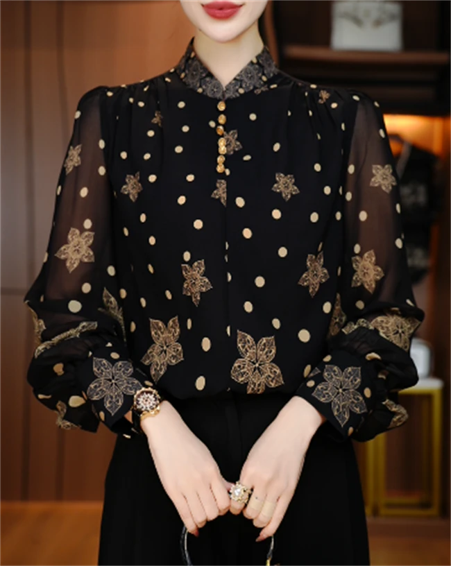 常规印花小众复古雪纺衫显瘦春夏文艺百搭衬衫长袖V24Q0530