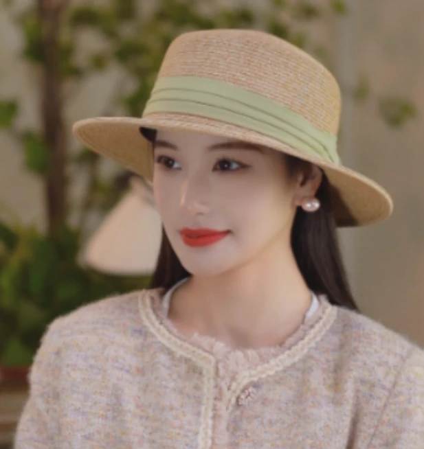 法式草编遮阳帽子女款2024新款夏季甜美优雅平顶礼帽休闲百搭草帽