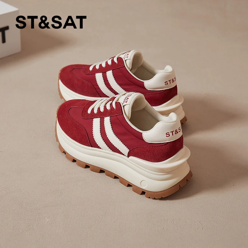 星期六新年红色老爹鞋2025新款秋季百搭厚底增高华夫阿甘鞋跑步