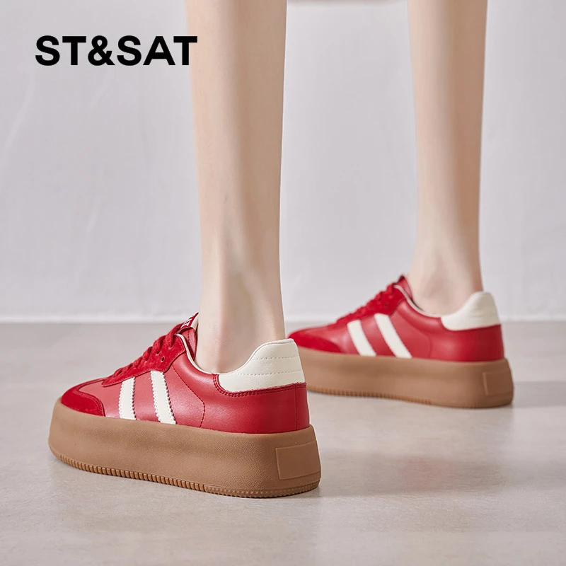 星期六德训鞋女高品质2025新款复古真皮增高拼色5公分百搭休闲鞋
