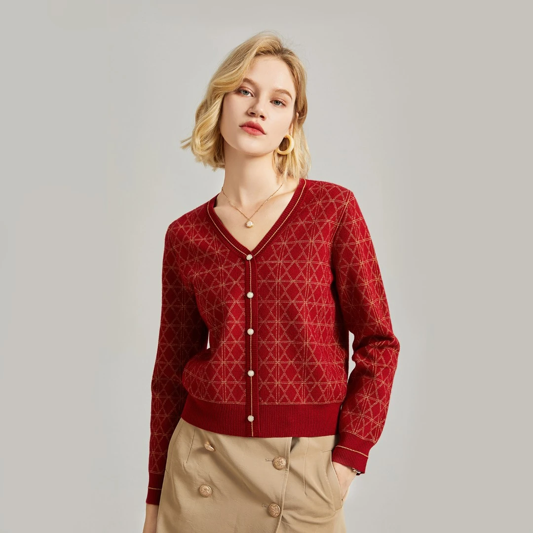 【直播专属】洋气减龄 秋冬优雅红色V领针织套头羊毛衫ONLF-0626