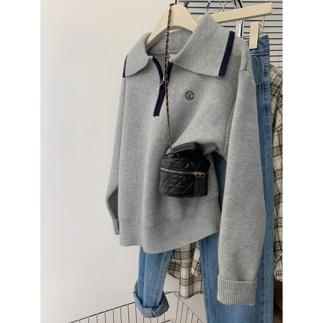 温柔风灰色polo领半拉链毛衣卫衣女秋季秋冬慵懒风小个子2024新款